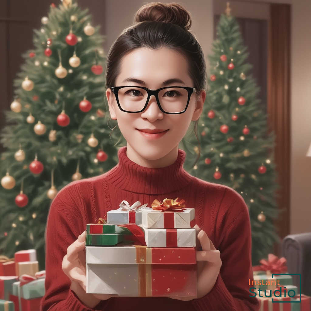 lady with glasses holding gifts christmas tree behind her